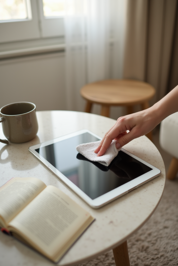 Spring Cleaning Checklist: 15 Tips for a Spotless Apartment 22 Hand wiping a tablet screen with a cloth on a cozy table, part of a digital Spring Cleaning routine alongside a book and coffee.