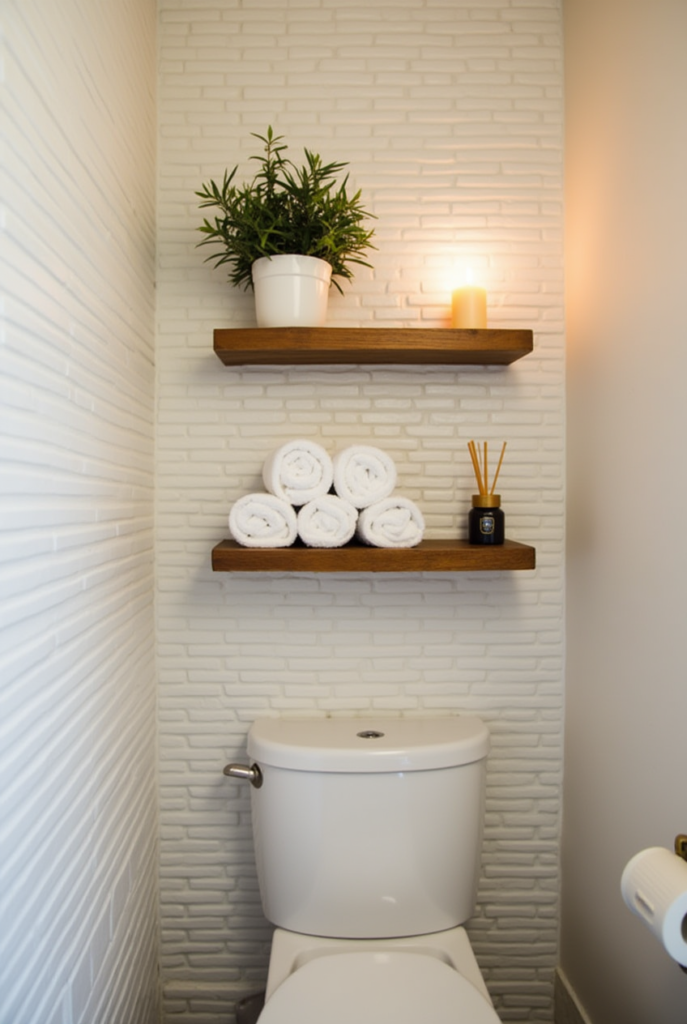 10 Brilliant Small Bathroom Decor Ideas for a Stylish & Spacious Look 21 Small bathroom decor with textured white walls, wooden floating shelves, rolled towels, a potted plant, a lit candle, and reed diffuser for a cozy touch.
