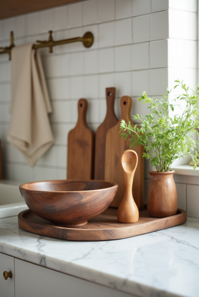 Kitchen Styling Countertops: 15 Smart Ways to Refresh Your Space 24 Kitchen styling countertops with white marble, warm wood accents, cutting boards, a wooden bowl, and fresh greenery for a natural, cozy feel.