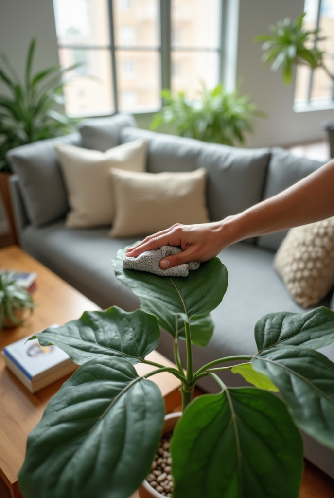 Spring Cleaning Checklist: 15 Tips for a Spotless Apartment 23 Hand gently wiping dust off a large houseplant leaf with a cloth, freshening up the living space as part of Spring Cleaning.