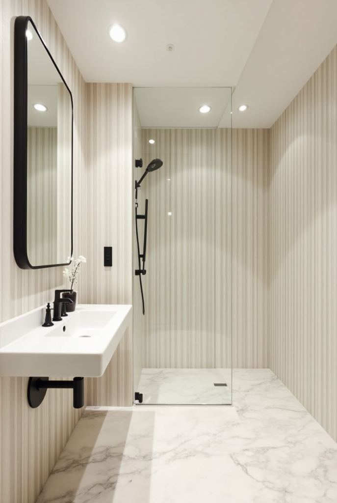 10 Brilliant Small Bathroom Decor Ideas for a Stylish & Spacious Look 22 Small bathroom decor with a floating white sink, black fixtures, striped wall panels, a glass-enclosed shower, and marble flooring for a modern, elegant look.