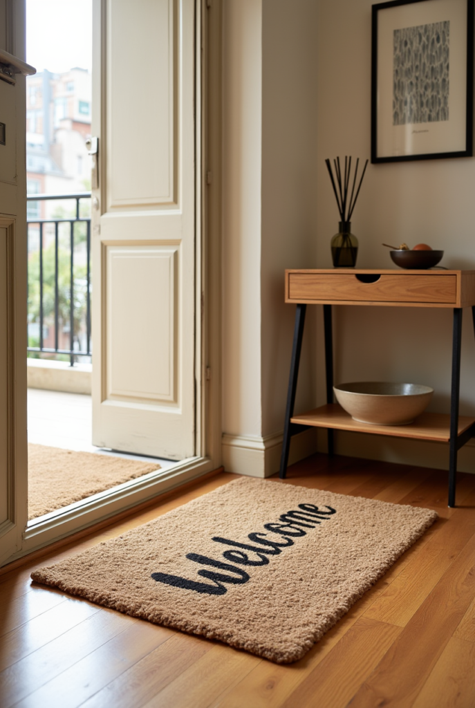 Spring Cleaning Checklist: 15 Tips for a Spotless Apartment 24 A freshly cleaned and organized entryway with a "Welcome" doormat, neatly arranged decor, and an open door inviting in fresh air for Spring Cleaning.