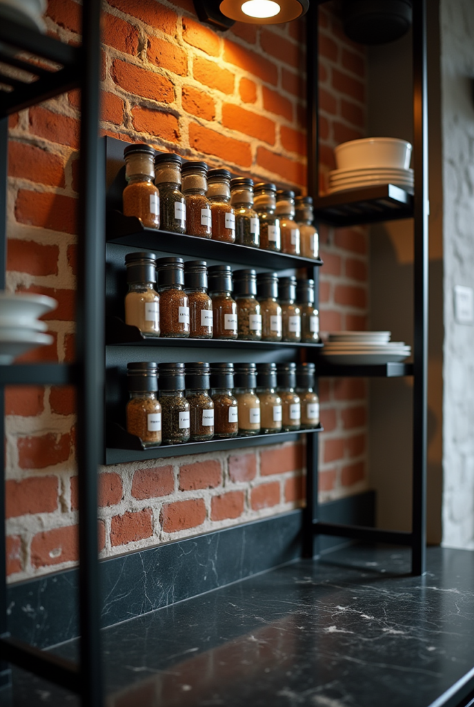 Kitchen Styling Countertops: 15 Smart Ways to Refresh Your Space 25 Kitchen styling countertops with black marble, a neatly organized spice rack, open shelving, and warm lighting against an exposed brick wall.