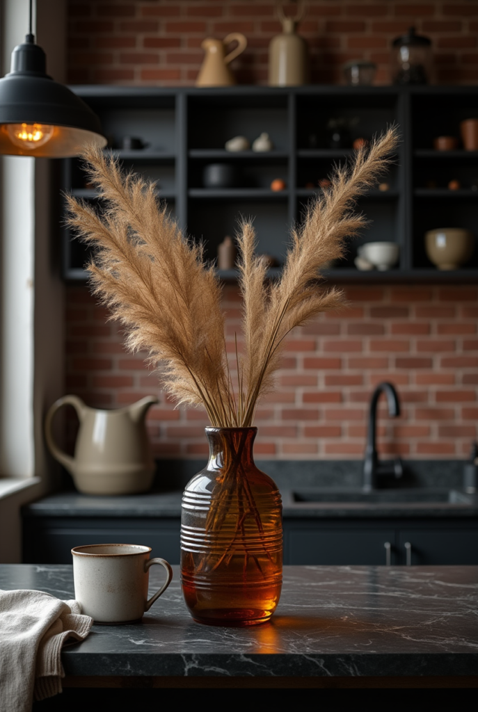 Kitchen Styling Countertops: 15 Smart Ways to Refresh Your Space 26 Kitchen styling countertops with black marble, an amber glass vase with pampas grass, a ceramic mug, and open shelving against a brick wall.