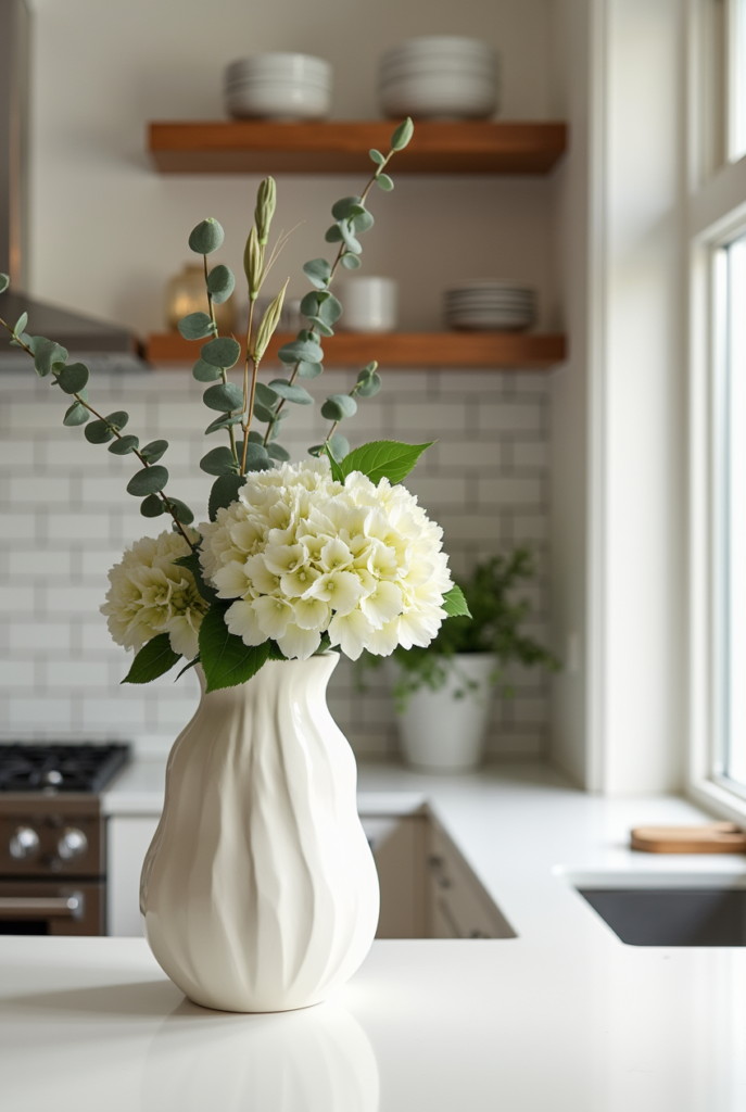 Kitchen Styling Countertops: 15 Smart Ways to Refresh Your Space 27 Kitchen styling countertops with a glossy white finish, a sculpted vase of fresh hydrangeas and eucalyptus, and wooden open shelves against subway tiles.