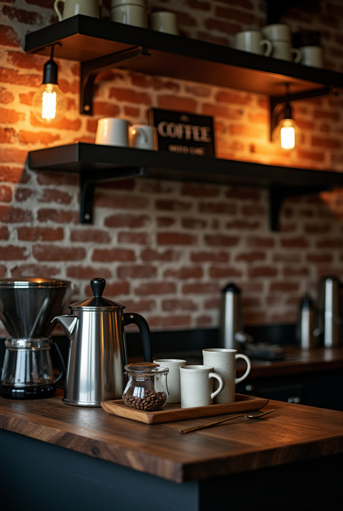 Kitchen Styling Countertops: 15 Smart Ways to Refresh Your Space 28 Kitchen styling countertops with rich wood, a stainless steel coffee pot, ceramic mugs, and warm lighting against an exposed brick wall.