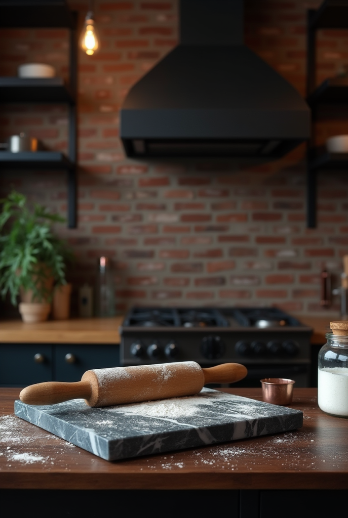 Kitchen Styling Countertops: 15 Smart Ways to Refresh Your Space 29 Kitchen styling countertops with dark wood, a marble pastry board, a flour-dusted rolling pin, and warm lighting against an exposed brick wall.