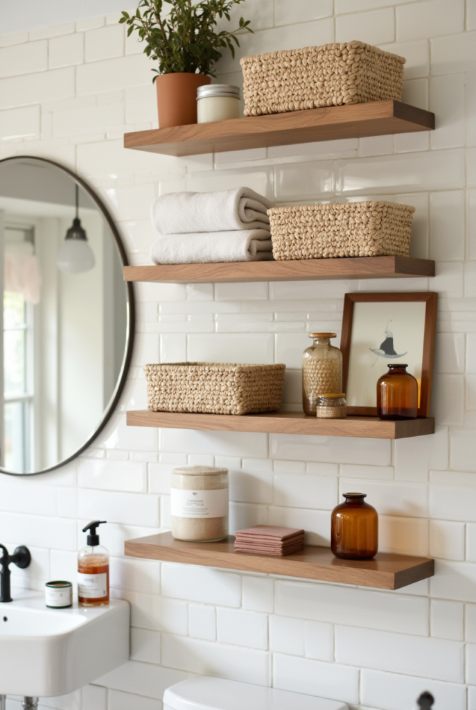 Bathroom Shelves: 13 Epic Ideas for Space-Saving Style 4 Bathroom shelves with wooden planks holding woven baskets, rolled towels, amber glass bottles, and a potted plant against white tiles.