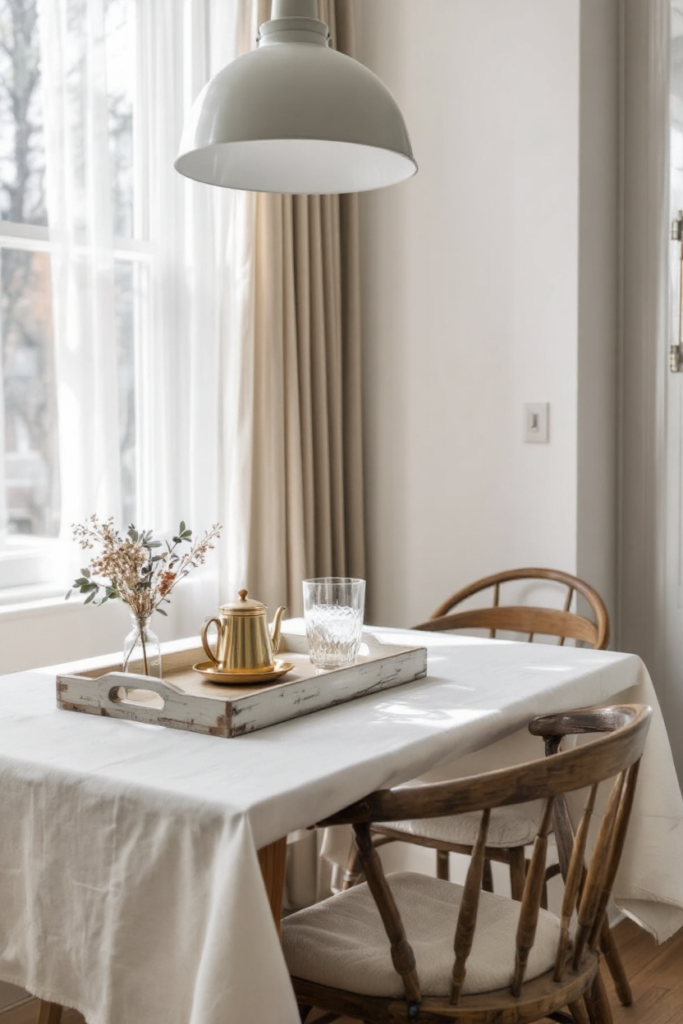 Vintage Spring Decor: 8 Charming Ideas for Small Apartment Living 4 Vintage spring decor with a softly lit dining table featuring a rustic tray, a gold teapot, dried flowers in a glass vase, and wooden chairs.