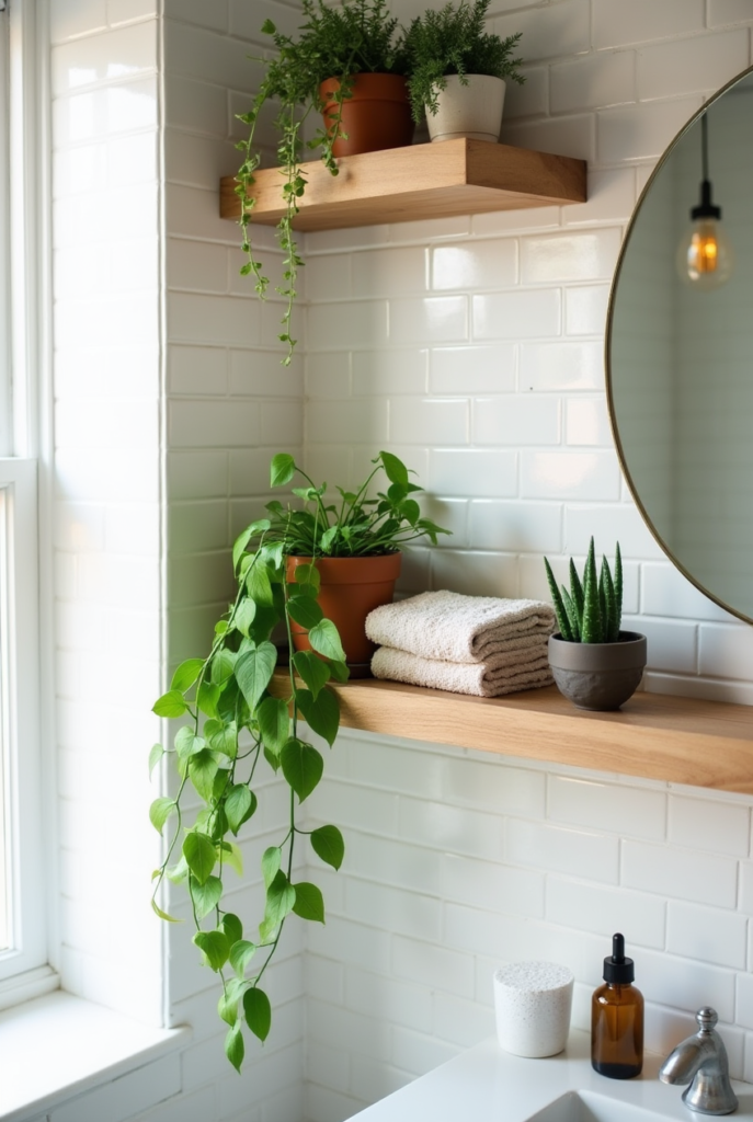 Bathroom Shelves: 13 Epic Ideas for Space-Saving Style 5 Bathroom shelves with wooden planks holding potted plants, folded towels, and a small succulent against a white subway-tiled wall.