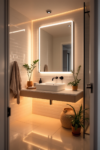 Small bathroom decor with a floating vanity, LED-lit mirror, potted plants, and warm lighting creating a modern, cozy ambiance.