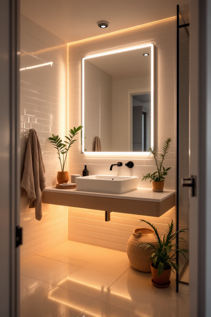 10 Brilliant Small Bathroom Decor Ideas for a Stylish & Spacious Look 4 Small bathroom decor with a floating vanity, LED-lit mirror, potted plants, and warm lighting creating a modern, cozy ambiance.