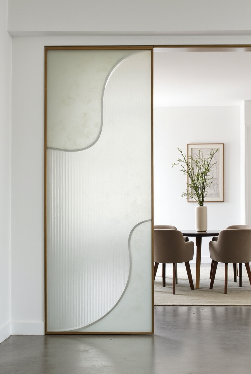 Elegant glass partition design with a wooden frame and curved frosted details, separating a dining area with modern chairs and décor.
