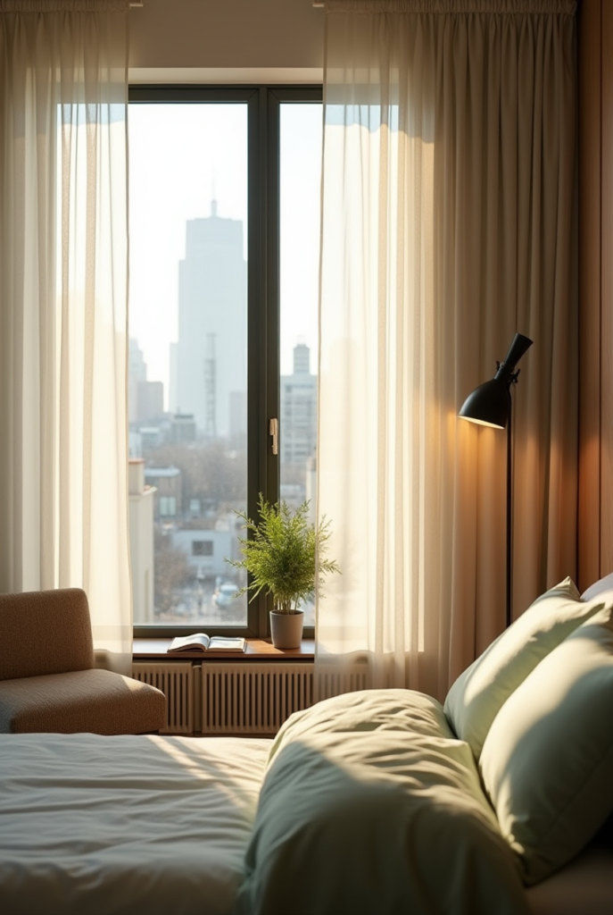 9 Best Relaxing Bedroom Ideas to Create a Peaceful Retreat 4 Relaxing bedroom with soft natural light, sheer curtains, a cozy bed with green pillows, and a window seat overlooking the city.
