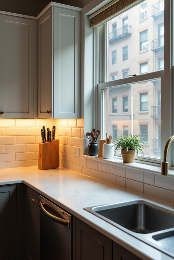 Kitchen Styling Countertops: 15 Smart Ways to Refresh Your Space 4 Kitchen styling countertops with white marble, under-cabinet lighting, potted plants, and wooden accents creating a modern, cozy space.