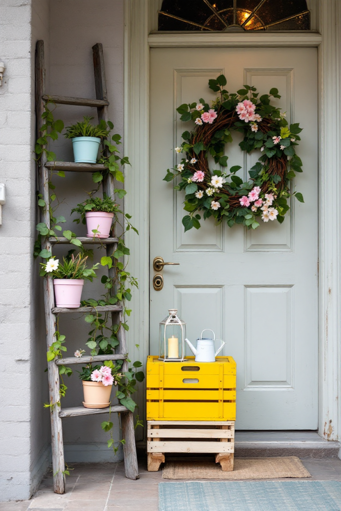 Spring Porch Décor: 7 Simple Ideas for a Stylish Entryway 4 Spring porch decor with a floral wreath on a pastel door, a rustic ladder with potted plants, and a yellow crate holding a lantern.