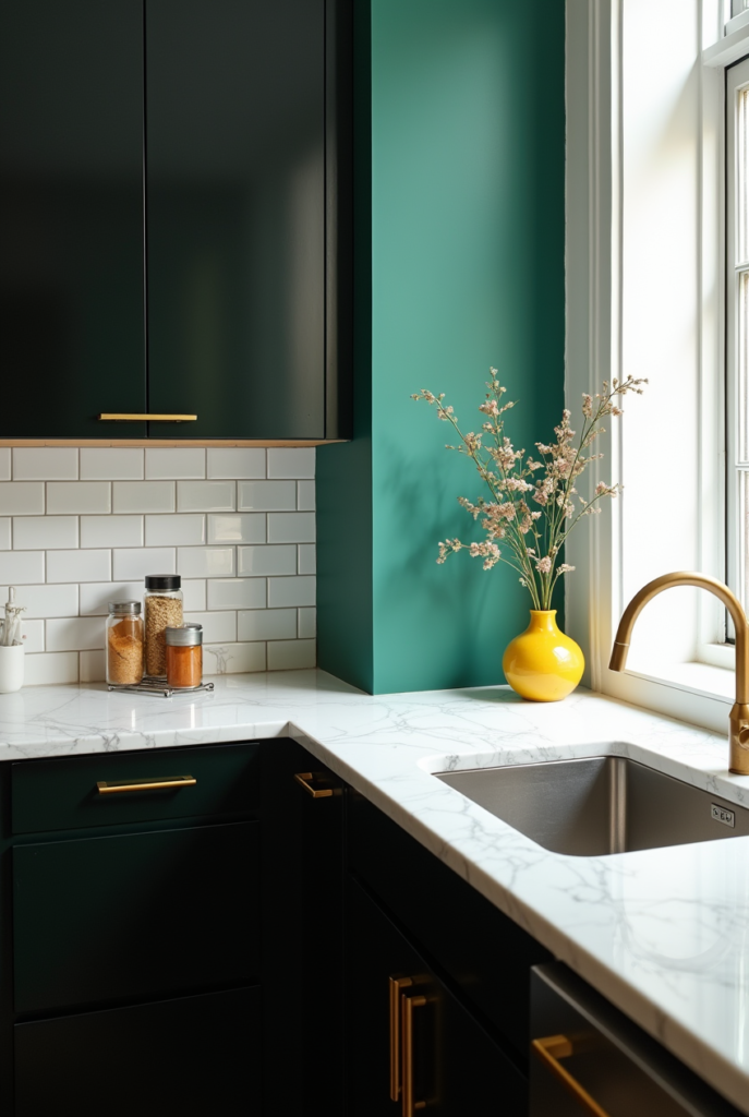 Kitchen Styling Countertops: 15 Smart Ways to Refresh Your Space 5 Kitchen styling countertops with white marble, dark cabinets, gold hardware, and a yellow vase adding contrast against a bold green wall.