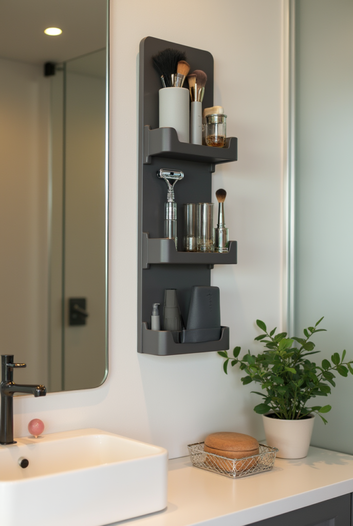 Bathroom Shelves: 13 Epic Ideas for Space-Saving Style 6 Bathroom shelves with a sleek black wall organizer holding makeup brushes, a razor, and toiletries above a modern white sink.