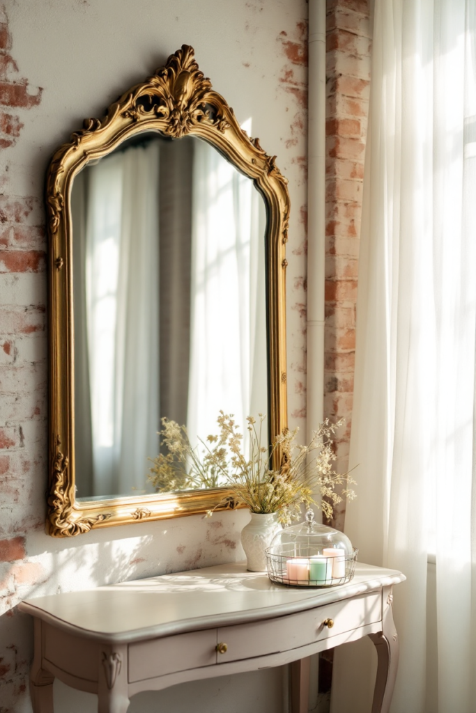 Vintage Spring Decor: 8 Charming Ideas for Small Apartment Living 5 Vintage spring decor with a gold ornate mirror, a pastel-painted console table, dried flowers in a vase, and soft-colored candles under a glass dome.