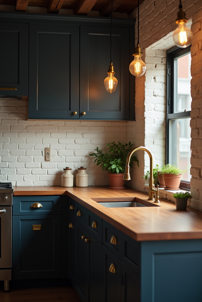 Kitchen Styling Countertops: 15 Smart Ways to Refresh Your Space 6 Kitchen styling countertops with warm wood, navy cabinets, brass fixtures, potted herbs, and vintage lighting against a white brick wall.
