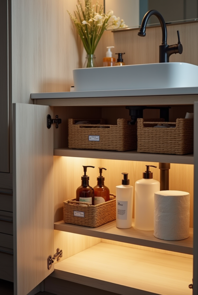 Bathroom Shelves: 13 Epic Ideas for Space-Saving Style 7 Bathroom shelves inside a wooden vanity cabinet, neatly organized with woven baskets, soap dispensers, and a roll of toilet paper.
