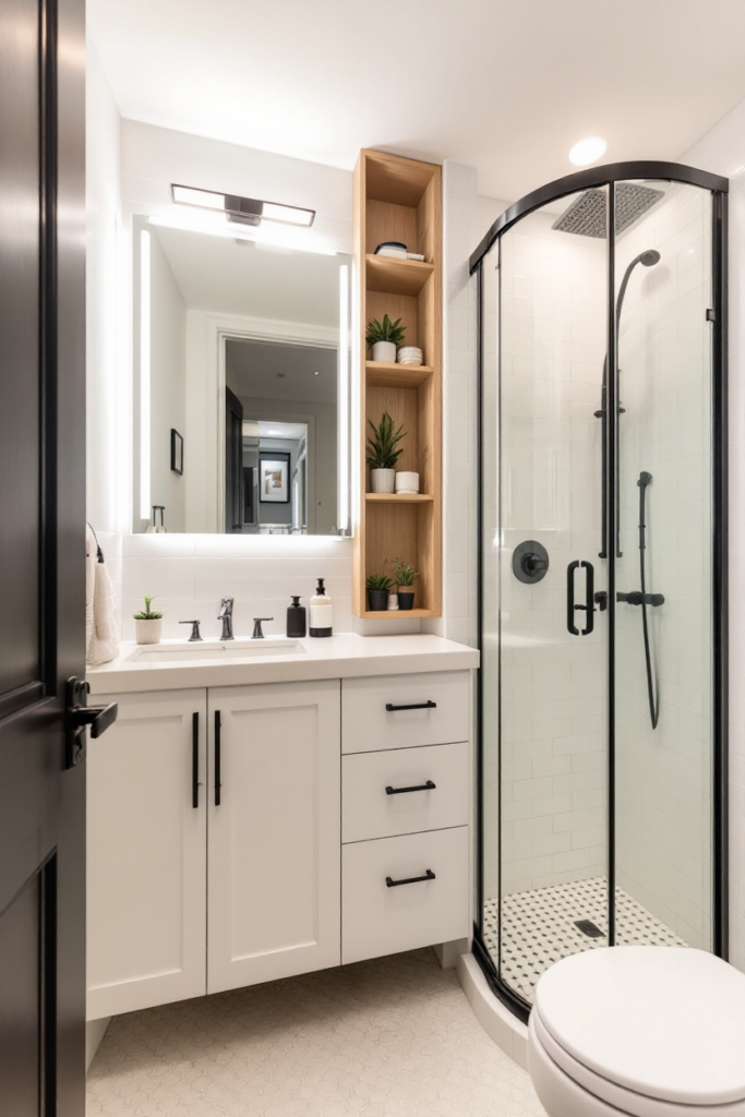 10 Brilliant Small Bathroom Decor Ideas for a Stylish & Spacious Look 5 Small bathroom decor with a glass-enclosed shower, white vanity, black fixtures, built-in wooden shelves, and potted plants for a modern look.