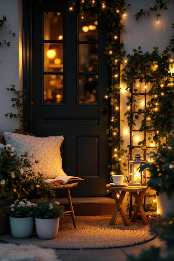Spring Porch Décor: 7 Simple Ideas for a Stylish Entryway 5 Spring porch decor with warm string lights, a cozy wicker chair with pillows, potted flowers, a lantern, and a wooden side table.