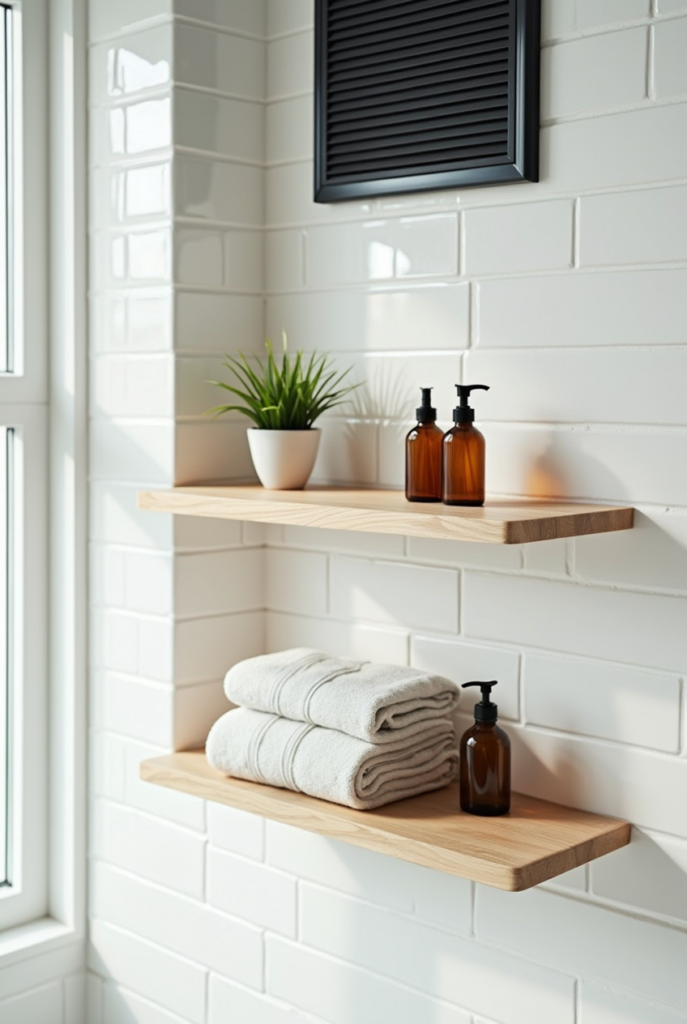Bathroom Shelves: 13 Epic Ideas for Space-Saving Style 8 Bathroom shelves with light wood planks holding folded towels, amber soap dispensers, and a small potted plant against white subway tiles.