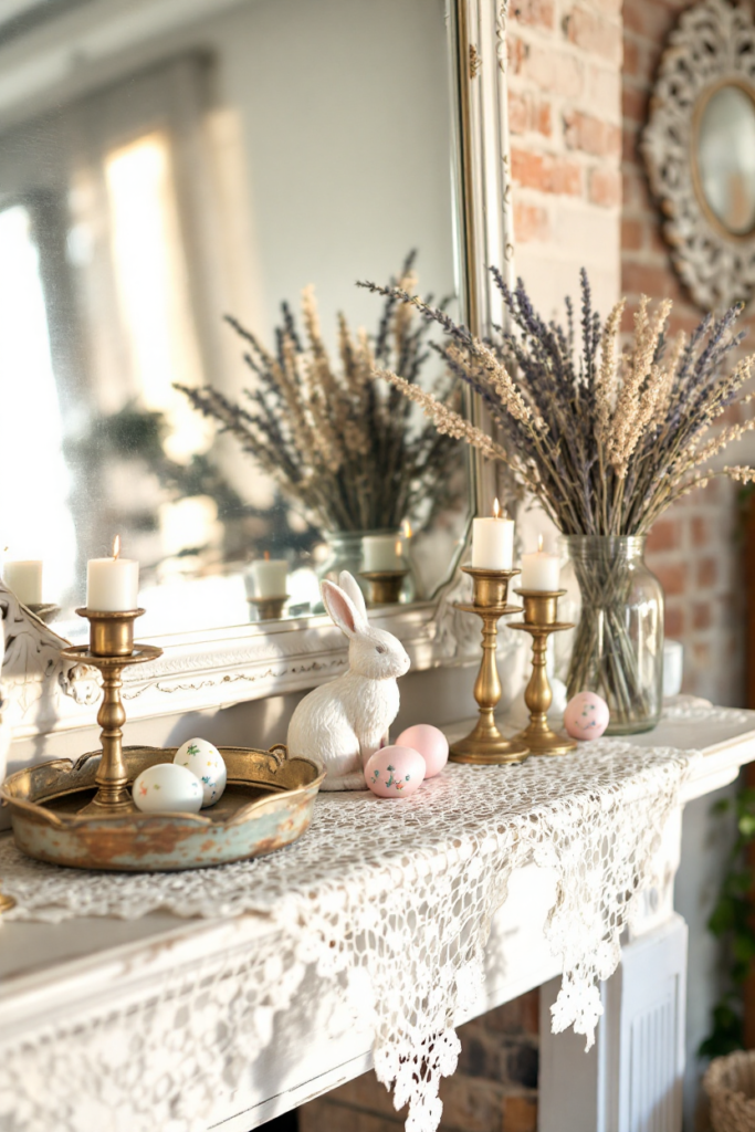 Vintage Spring Decor: 8 Charming Ideas for Small Apartment Living 6 Vintage spring decor with a lace-covered mantel, gold candlesticks, a white bunny figurine, pastel Easter eggs, and dried lavender in a glass jar.
