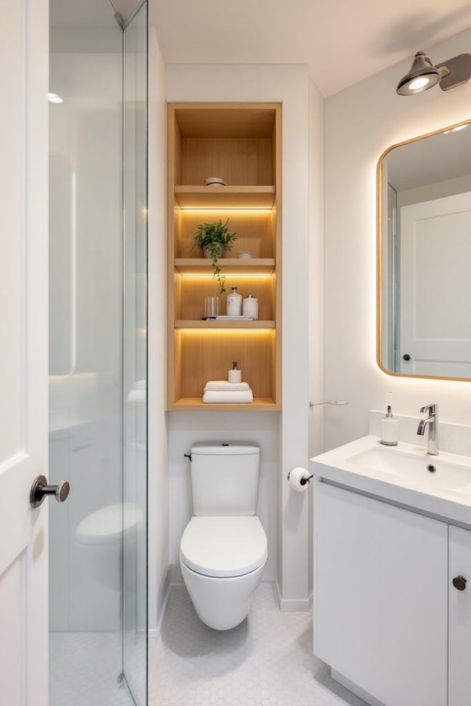10 Brilliant Small Bathroom Decor Ideas for a Stylish & Spacious Look 6 Small bathroom decor with built-in wooden shelves, soft LED lighting, a glass shower, and a white vanity for a sleek, modern look.