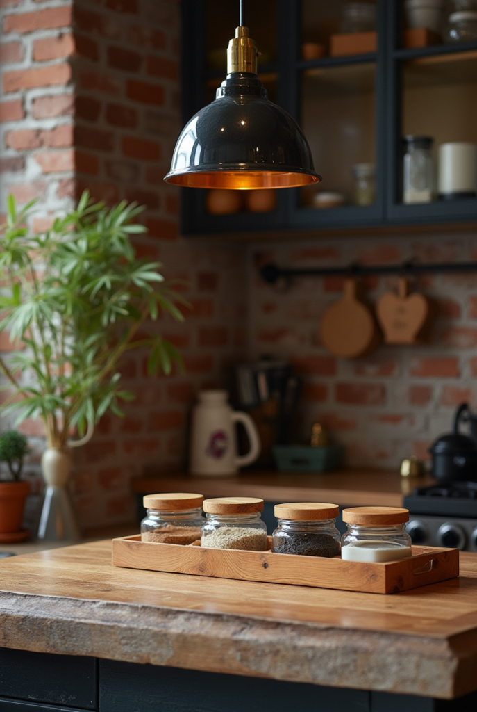 Kitchen Styling Countertops: 15 Smart Ways to Refresh Your Space 7 Kitchen styling countertops with rustic wood, glass spice jars, a black pendant light, and exposed brick creating a cozy, industrial charm.