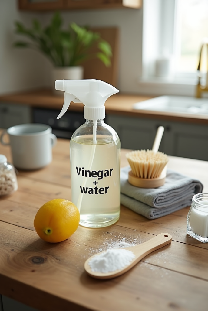 Spring Cleaning Checklist: 15 Tips for a Spotless Apartment 6 Natural cleaning essentials for Spring Cleaning, including a vinegar and water spray, lemon, baking soda, and scrub brush on a kitchen counter.