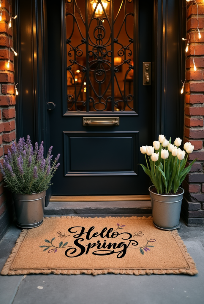 Spring Porch Décor: 7 Simple Ideas for a Stylish Entryway 6 Spring porch decor with a "Hello Spring" doormat, potted lavender and white tulips, a dark door with iron details, and string lights.