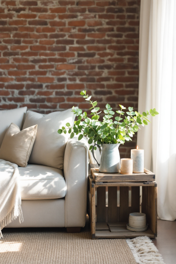 Vintage Spring Decor: 8 Charming Ideas for Small Apartment Living 7 Vintage spring decor with a cozy beige sofa, a rustic wooden crate side table, a metal pitcher of fresh greenery, and softly lit candles.