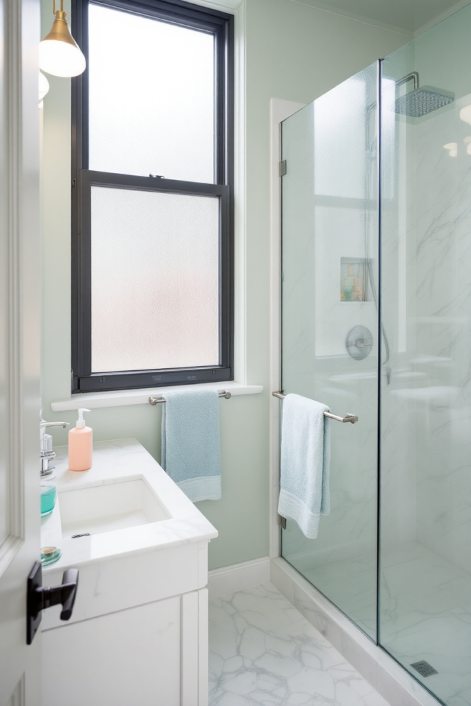 10 Brilliant Small Bathroom Decor Ideas for a Stylish & Spacious Look 7 Small bathroom decor with a glass-enclosed shower, marble vanity, soft green walls, frosted window, and light blue towels for a fresh, airy feel.