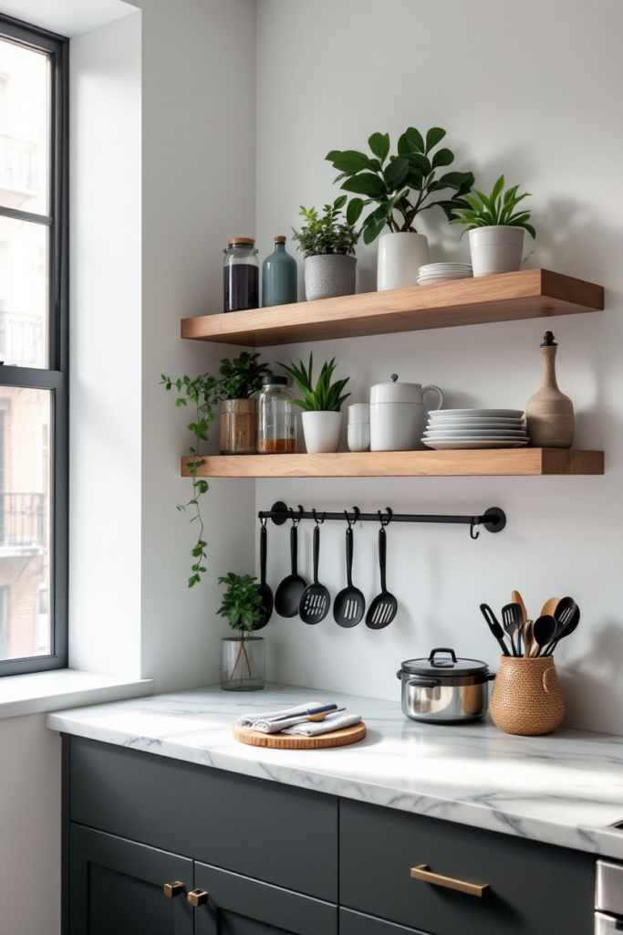 Kitchen Styling Countertops: 15 Smart Ways to Refresh Your Space 8 Kitchen styling countertops with white marble, wooden shelves, potted plants, and black utensils creating a modern, minimalist aesthetic.