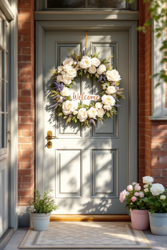 Spring Porch Décor: 7 Simple Ideas for a Stylish Entryway 7 Spring porch decor with a "Welcome" wreath of white roses and lavender on a pastel door, surrounded by potted flowers and greenery.