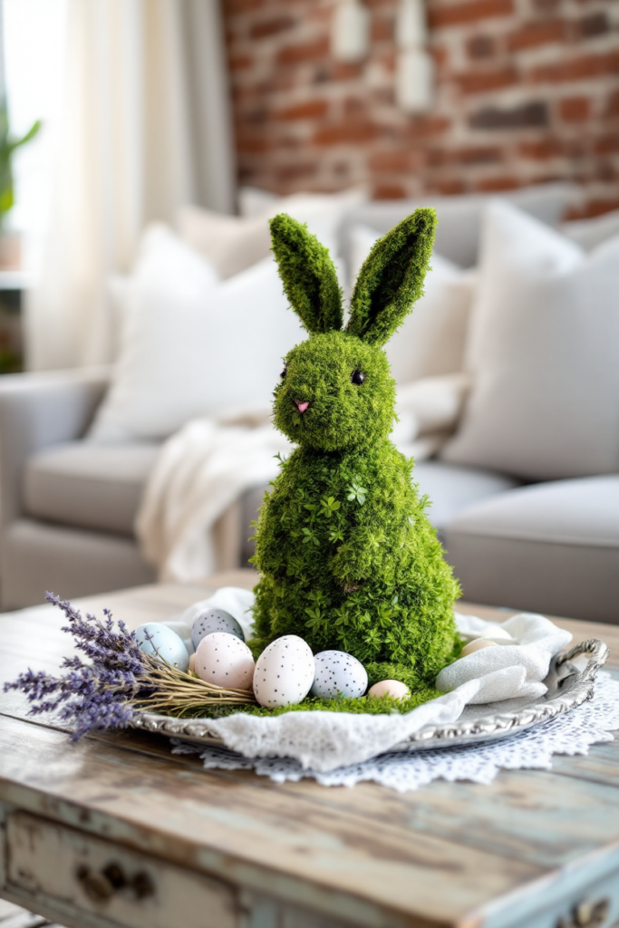 Vintage Spring Decor: 8 Charming Ideas for Small Apartment Living 8 Vintage spring decor with a moss-covered bunny centerpiece, pastel Easter eggs, dried lavender, and lace accents on a rustic wooden coffee table.