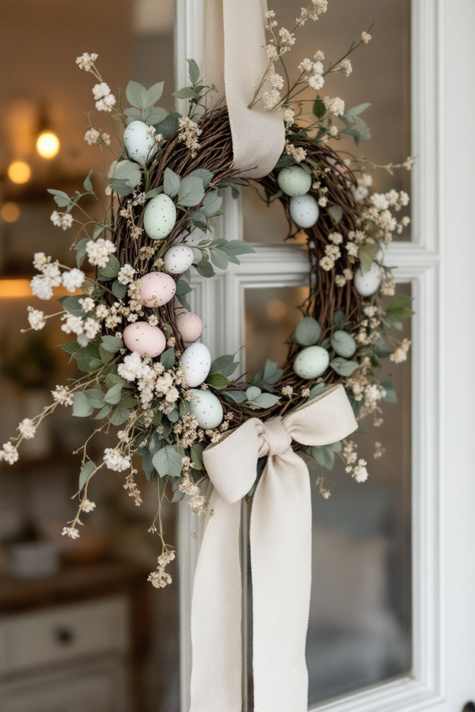 Vintage Spring Decor: 8 Charming Ideas for Small Apartment Living 9 Vintage spring decor with a rustic grapevine wreath adorned with pastel Easter eggs, dried flowers, eucalyptus leaves, and a soft beige ribbon.