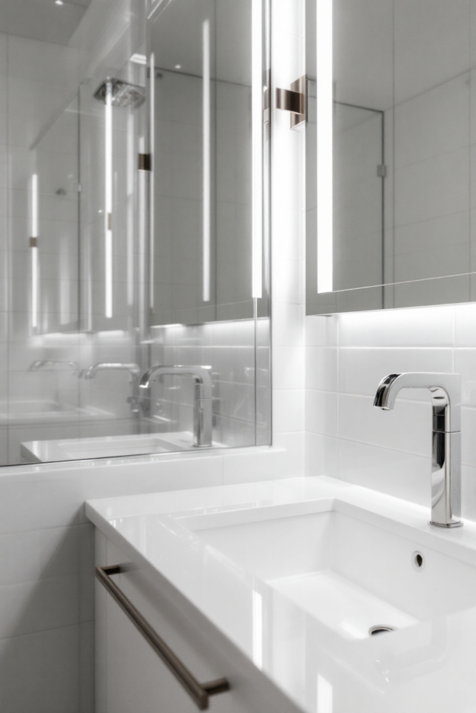10 Brilliant Small Bathroom Decor Ideas for a Stylish & Spacious Look 8 Small bathroom decor with a sleek white vanity, chrome faucet, backlit mirror, and glossy tiles creating a modern, minimalist aesthetic.