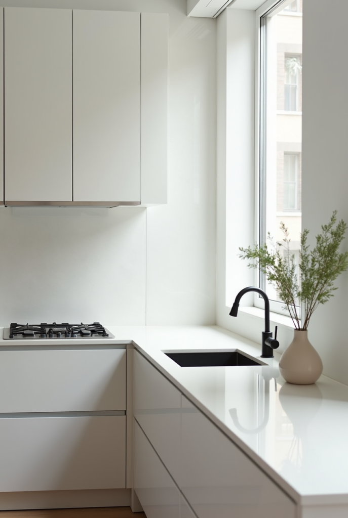 Kitchen Styling Countertops: 15 Smart Ways to Refresh Your Space 9 Kitchen styling countertops with a sleek white finish, minimalist cabinetry, a black faucet, and a simple vase adding a natural touch.