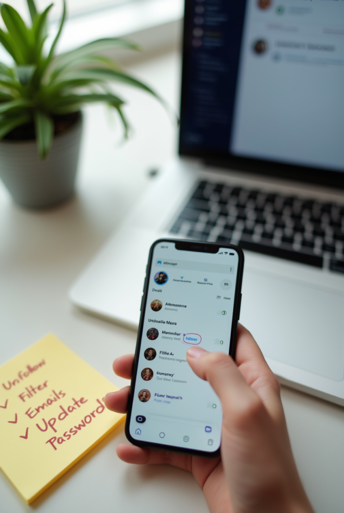 Spring Cleaning Checklist: 15 Tips for a Spotless Apartment 8 Digital Spring Cleaning in progress—hand holding a phone while managing contacts, with a checklist nearby for unfollowing, filtering emails, and updating passwords.