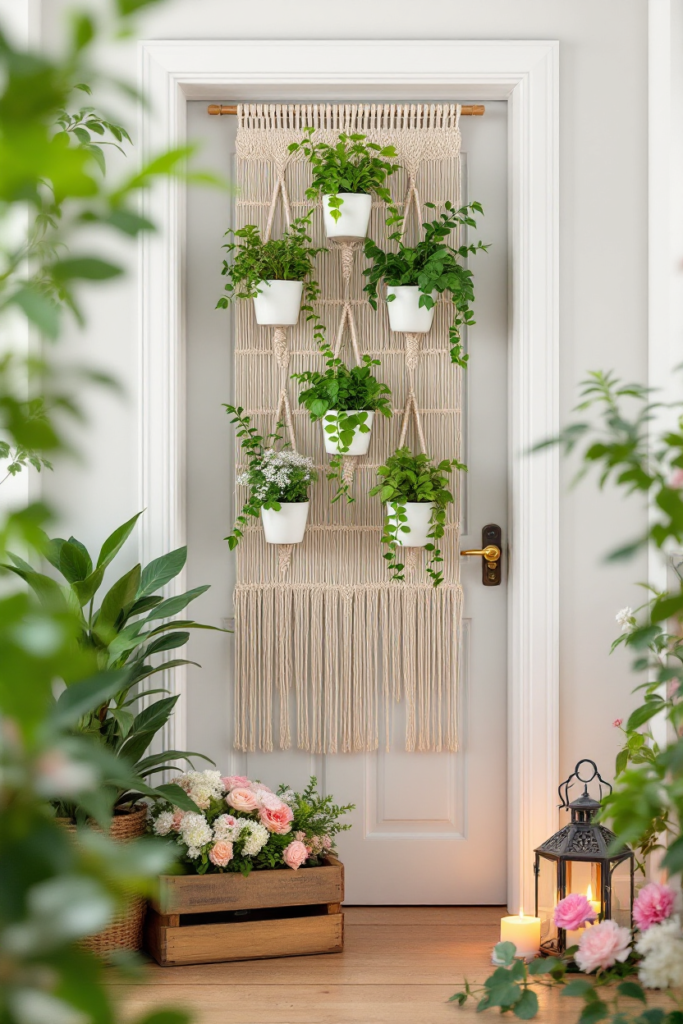 Spring Porch Décor: 7 Simple Ideas for a Stylish Entryway 8 Spring porch decor with a macramé plant hanger on a white door, potted greenery, fresh flowers in a wooden crate, and a lantern with candles.