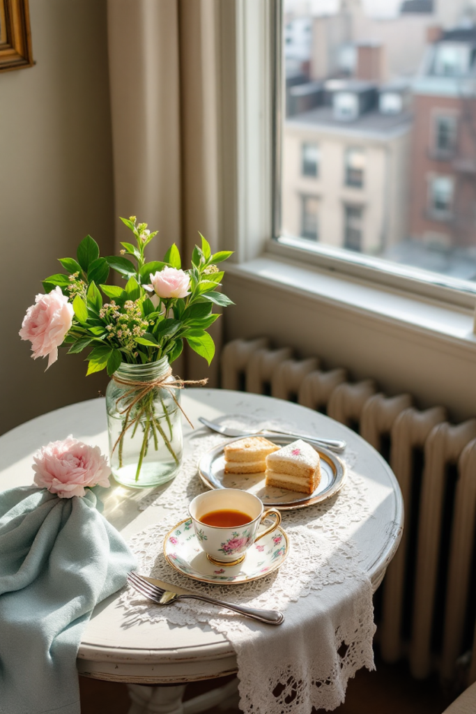 Vintage Spring Decor: 8 Charming Ideas for Small Apartment Living 10 Vintage spring decor with a charming tea setting by a sunny window, featuring a floral teacup, pastel cakes, and a mason jar bouquet of pink roses.