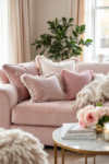 Blush pink sofa with embroidered and textured pillows, a cozy knit throw, a marble coffee table with flowers, and soft natural light, embodying a girly apartment aesthetic.