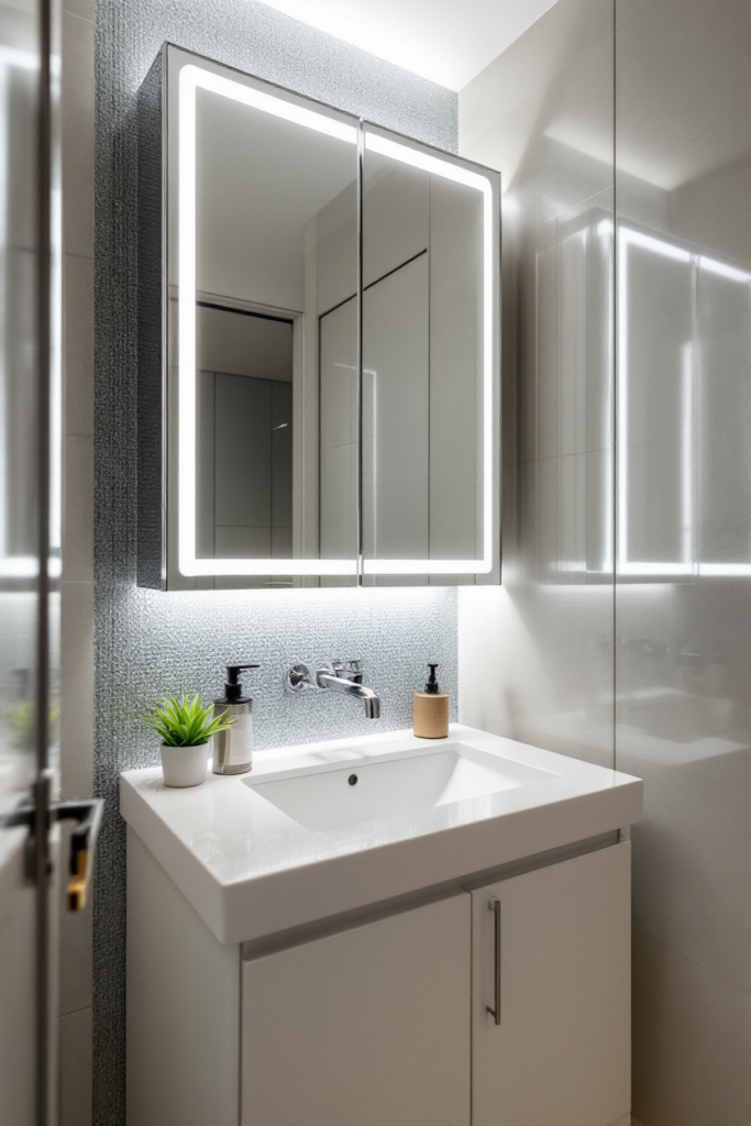 10 Brilliant Small Bathroom Decor Ideas for a Stylish & Spacious Look 9 Small bathroom decor with a sleek white vanity, wall-mounted faucet, LED-lit mirrored cabinet, and textured backsplash for a modern touch.