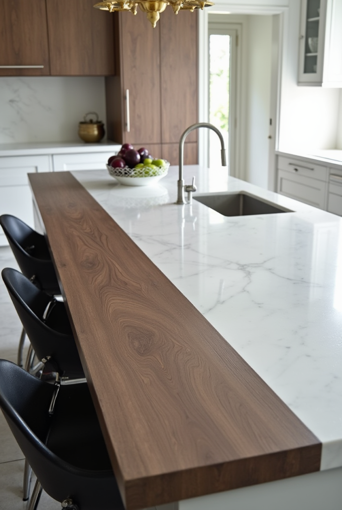Kitchen Styling Countertops: 15 Smart Ways to Refresh Your Space 10 Kitchen styling countertops featuring a white marble island with a rich wood extension, modern black chairs, and a bowl of fresh fruit.