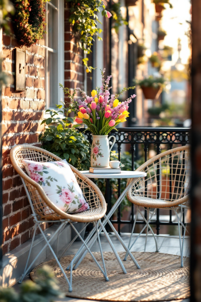 Spring Porch Décor: 7 Simple Ideas for a Stylish Entryway 9 Spring porch decor with wicker chairs, floral pillows, a small table with books, a teacup, and a vase of colorful tulips against a brick wall.