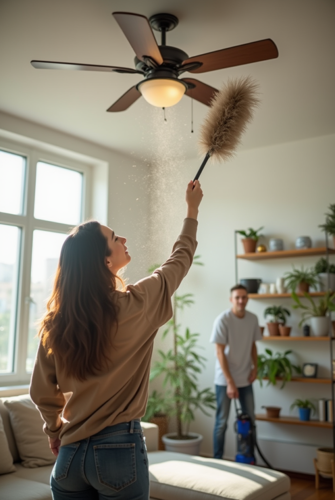 Spring Cleaning Checklist: 15 Tips for a Spotless Apartment 10 Woman dusting a ceiling fan while a man vacuums in a bright living room, embracing Spring Cleaning together.