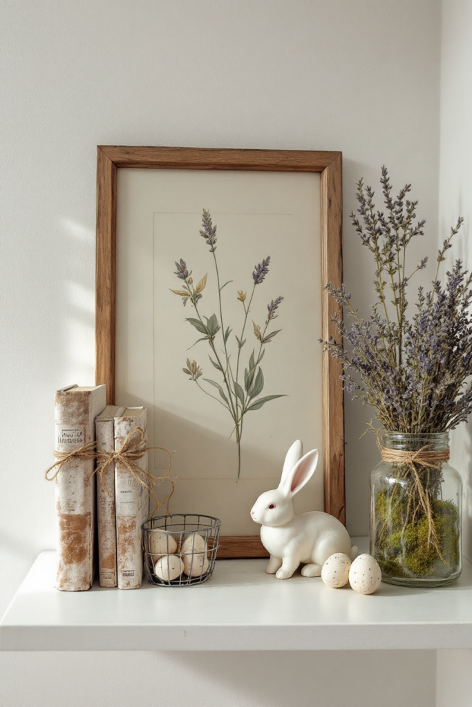 Vintage Spring Decor: 8 Charming Ideas for Small Apartment Living 11 Vintage spring decor with a white shelf featuring a botanical print, aged books tied with twine, a ceramic bunny, speckled eggs, and dried lavender in a mason jar.